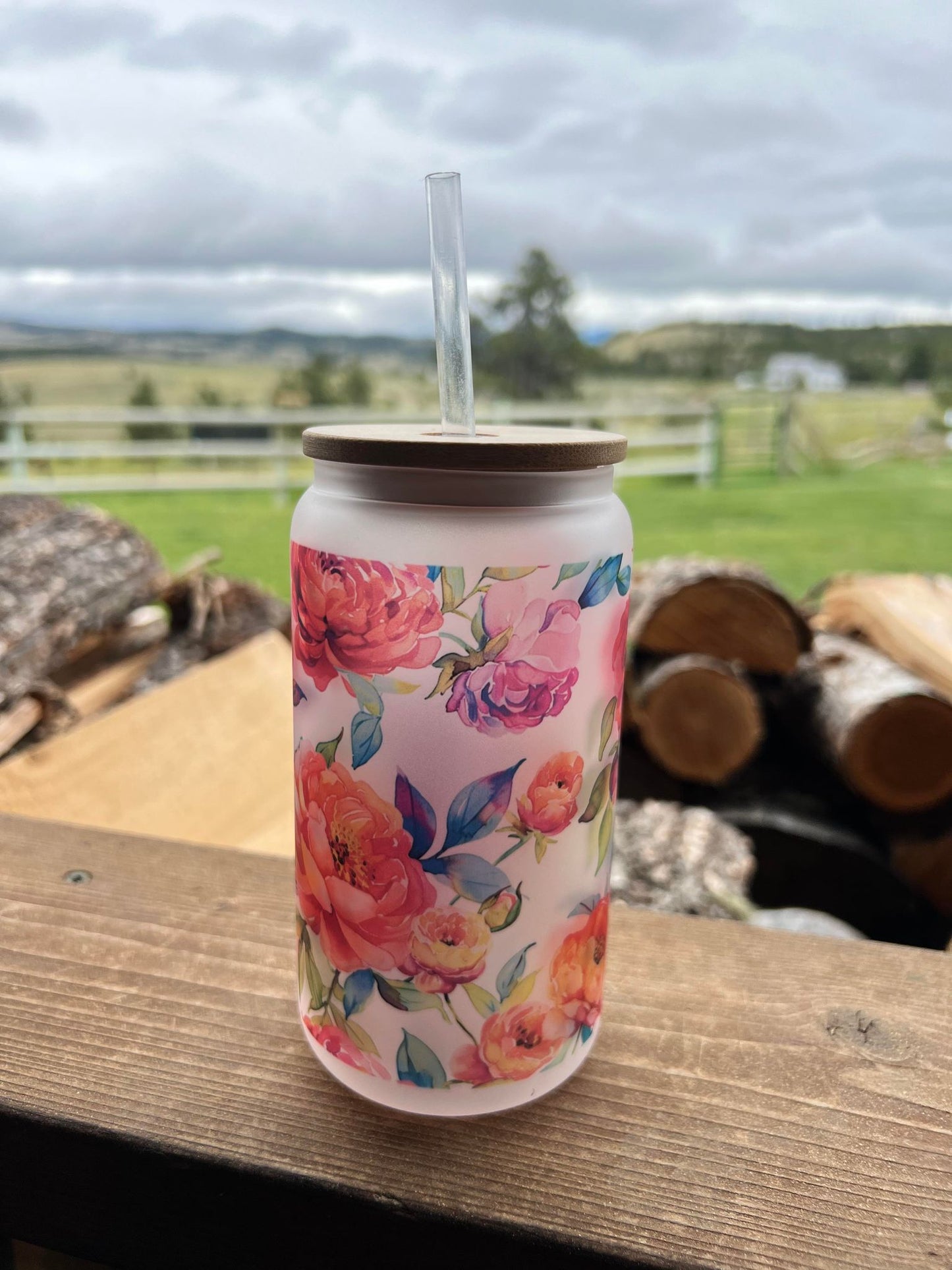 Bright Flowers Glass Can Cup